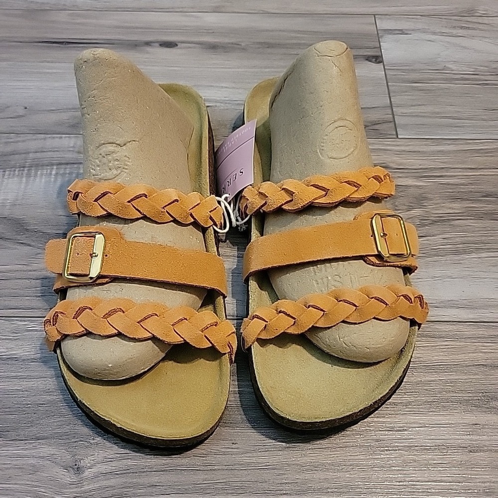 Serra Peach Leather Suede Upper & Insole Womens Sandals Size 9 Braids Buckle NEW